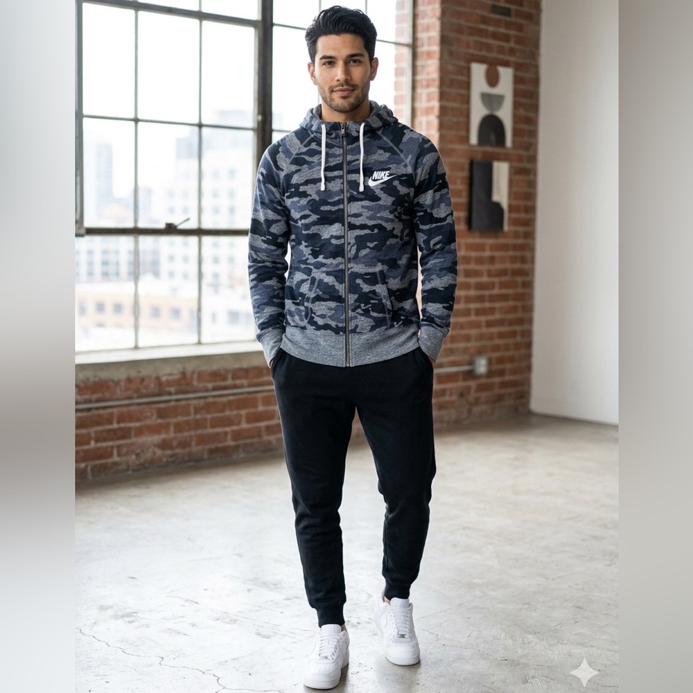 Nike Men’s Navy Camo Zip-Up Hoodie Jacket Hoodie Size XL Cotton